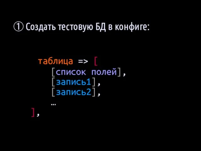 таблица => [ [список полей], [запись1], [запись2], … ], ① Создать тестовую БД в конфиге: