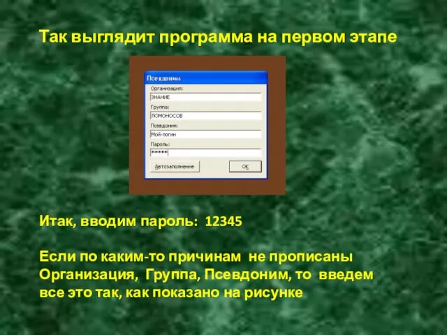 Так выглядит программа на первом этапе Итак, вводим пароль: 12345 Если по