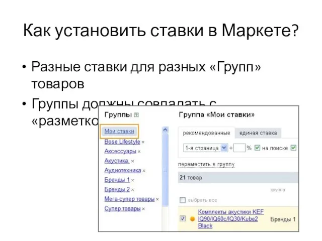 Как установить ставки в Маркете? Разные ставки для разных «Групп» товаров Группы