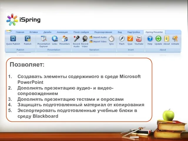 Позволяет: Создавать элементы содержимого в среде Microsoft PowerPoint Дополнять презентацию аудио- и