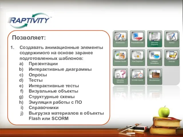 Позволяет: Создавать анимационные элементы содержимого на основе заранее подготовленных шаблонов: Презентации Интерактивные