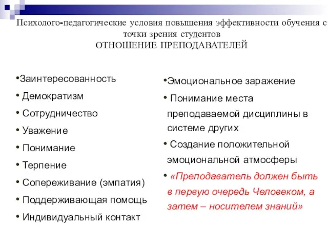 Психолого-педагогические условия повышения эффективности обучения с точки зрения студентов ОТНОШЕНИЕ ПРЕПОДАВАТЕЛЕЙ Заинтересованность