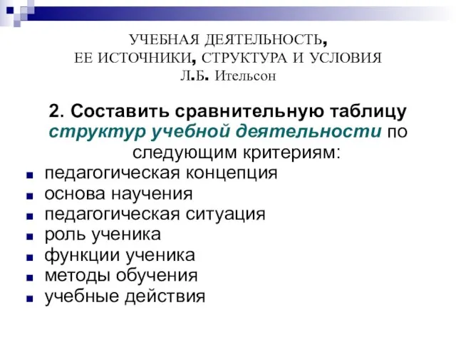 УЧЕБНАЯ ДЕЯТЕЛЬНОСТЬ, ЕЕ ИСТОЧНИКИ, СТРУКТУРА И УСЛОВИЯ Л.Б. Ительсон 2. Составить сравнительную