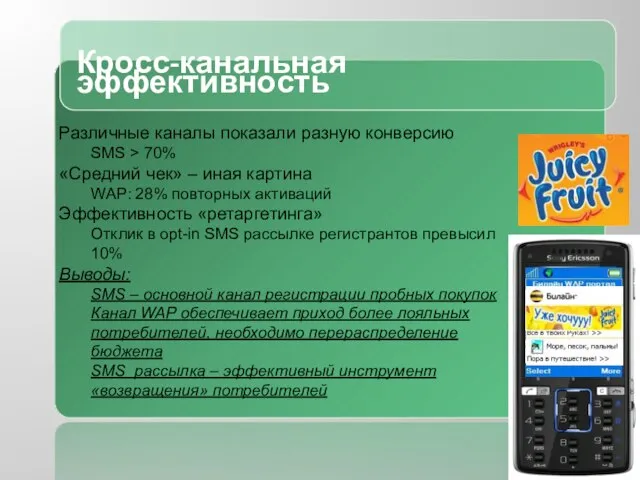 Кросс-канальная эффективность Различные каналы показали разную конверсию SMS > 70% «Средний чек»