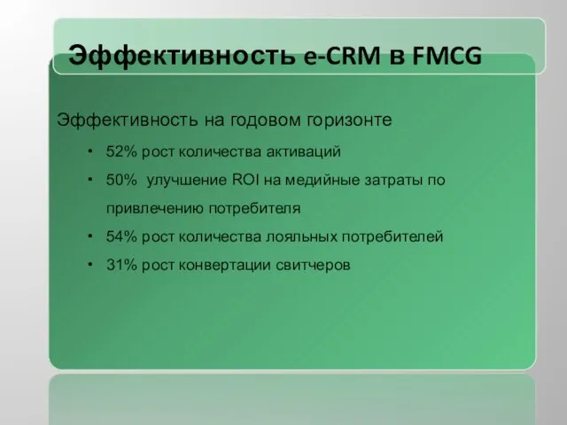 Эффективность e-CRM в FMCG Эффективность на годовом горизонте 52% рост количества активаций