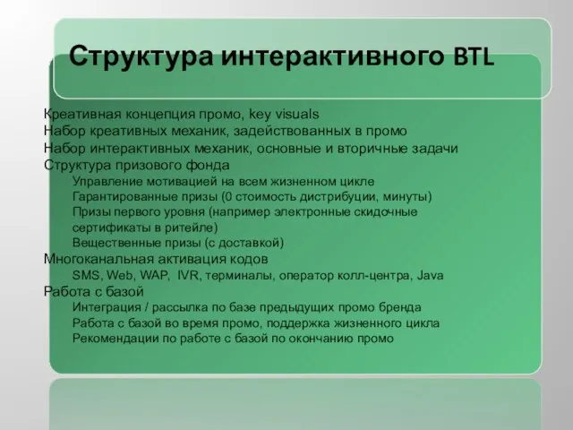 Структура интерактивного BTL Креативная концепция промо, key visuals Набор креативных механик, задействованных