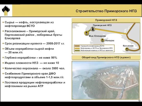 Строительство Приморского НПЗ Сырье — нефть, поступающая из нефтепровода ВСТО Расположение –