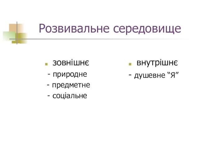 Розвивальне середовище зовнішнє - природне - предметне - соціальне внутрішнє - душевне “Я”