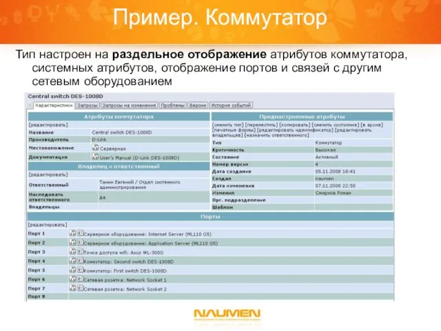 Пример. Коммутатор Тип настроен на раздельное отображение атрибутов коммутатора, системных атрибутов, отображение