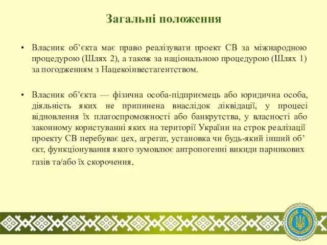 Загальні положення Власник об’єкта має право реалізувати проект СВ за міжнародною процедурою