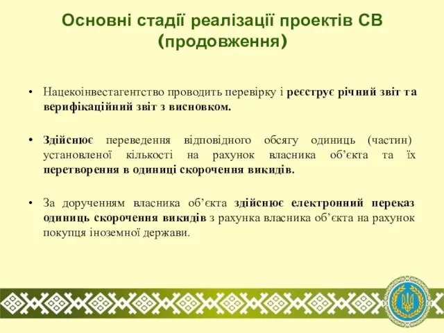 Основні стадії реалізації проектів СВ (продовження) Нацекоінвестагентство проводить перевірку і реєструє річний