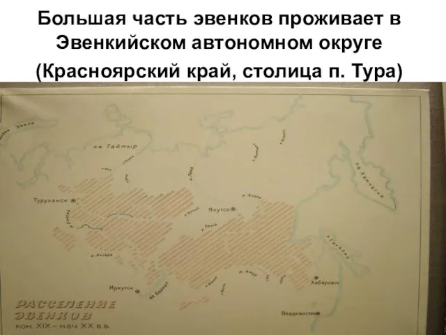 Большая часть эвенков проживает в Эвенкийском автономном округе (Красноярский край, столица п. Тура)