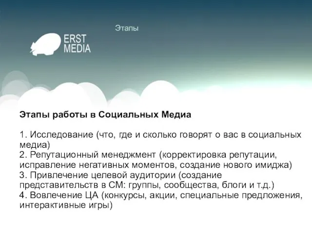 Этапы Этапы работы в Социальных Медиа 1. Исследование (что, где и сколько