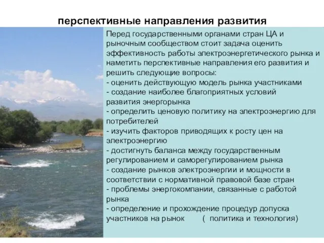 перспективные направления развития Перед государственными органами стран ЦА и рыночным сообществом стоит