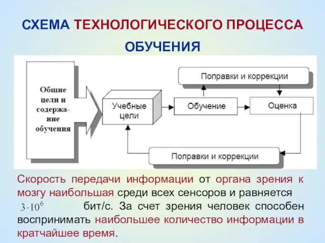 СХЕМА ТЕХНОЛОГИЧЕСКОГО ПРОЦЕССА ОБУЧЕНИЯ Скорость передачи информации от органа зрения к мозгу