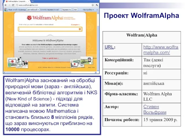 Проект WolframAlpha Wolfram|Alpha заснований на обробці природної мови (зараз - англійська), величезній