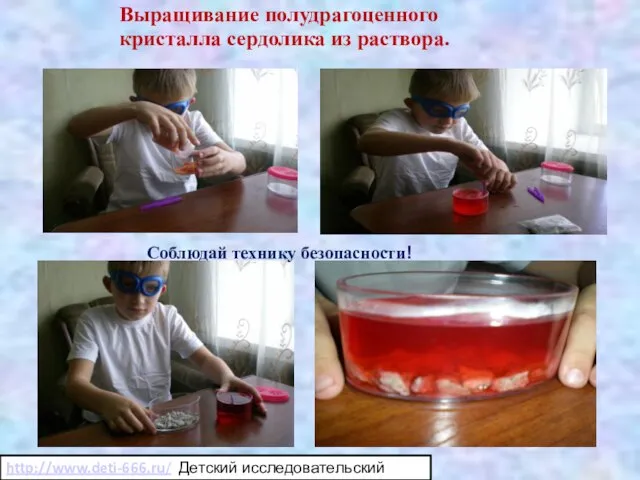 Выращивание полудрагоценного кристалла сердолика из раствора. Соблюдай технику безопасности! http://www.deti-666.ru/ Детский исследовательский проект