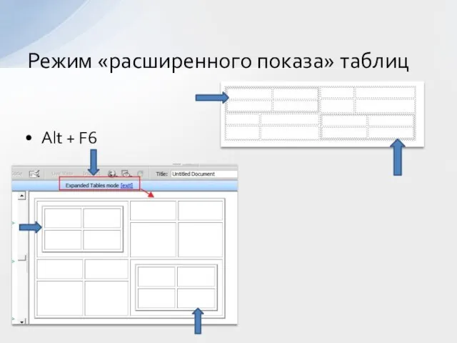 Alt + F6 Режим «расширенного показа» таблиц