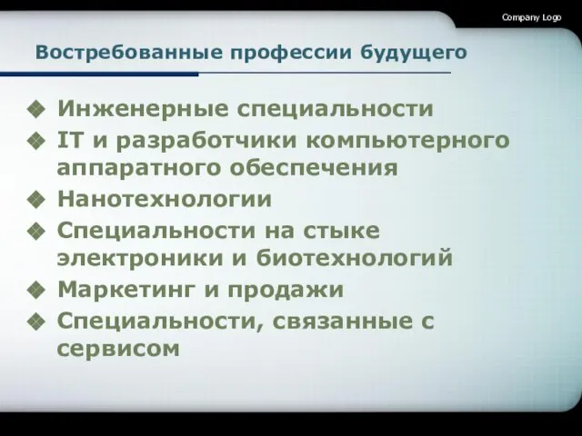 Востребованные профессии будущего Инженерные специальности IT и разработчики компьютерного аппаратного обеспечения Нанотехнологии