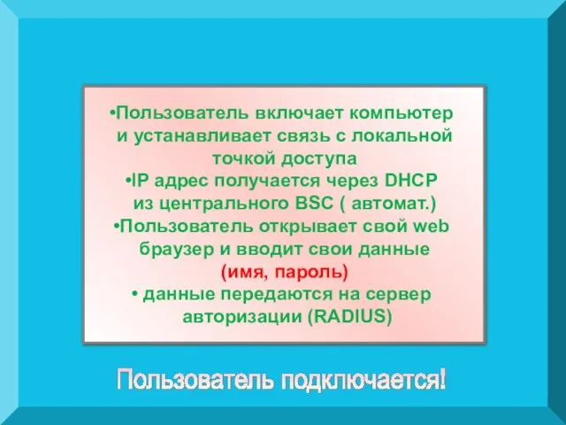 Пользователь подключается! Пользователь включает компьютер и устанавливает связь с локальной точкой доступа