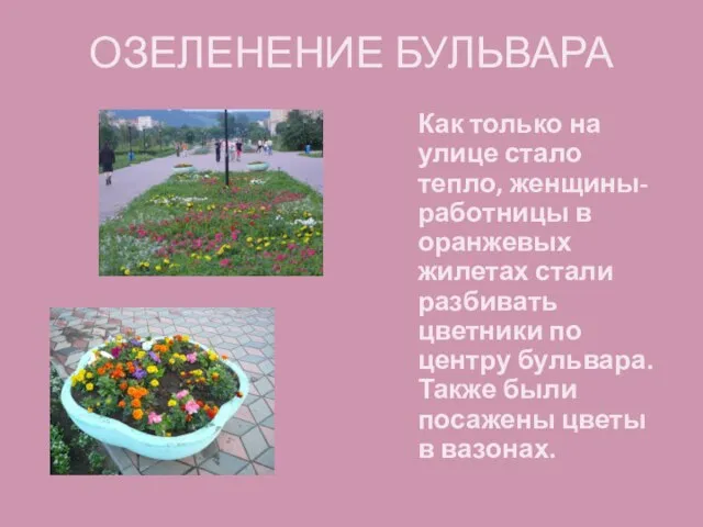 ОЗЕЛЕНЕНИЕ БУЛЬВАРА Как только на улице стало тепло, женщины- работницы в оранжевых