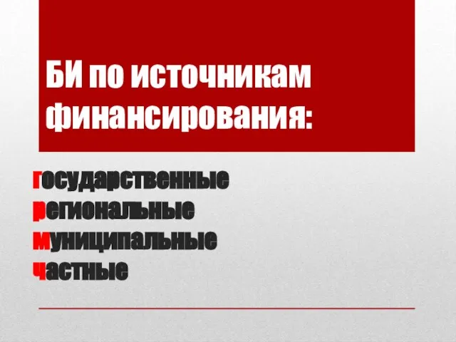 государственные региональные муниципальные частные БИ по источникам финансирования: