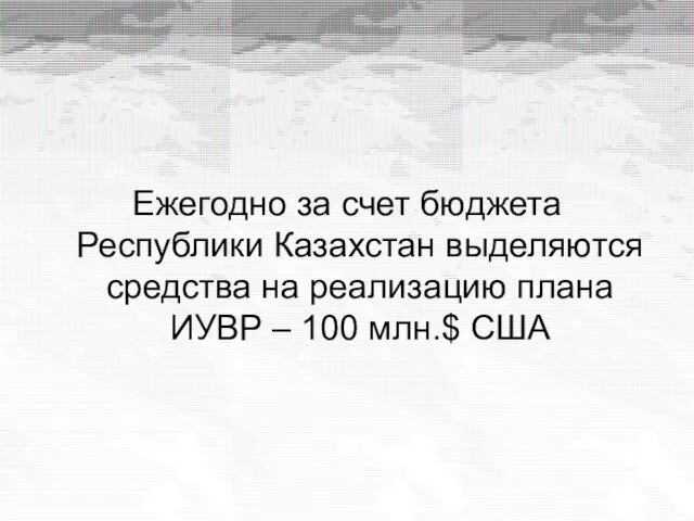 Ежегодно за счет бюджета Республики Казахстан выделяются средства на реализацию плана ИУВР – 100 млн.$ США
