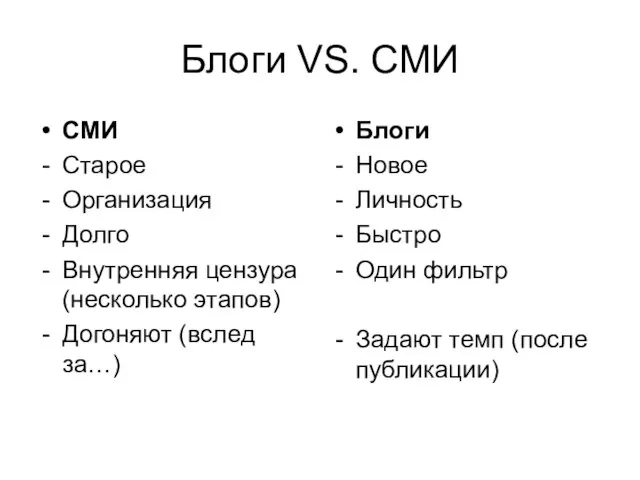 Блоги VS. СМИ СМИ Старое Организация Долго Внутренняя цензура (несколько этапов) Догоняют