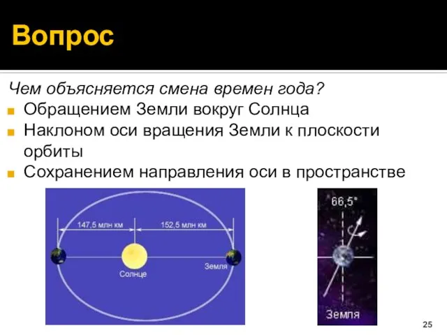 Вопрос Чем объясняется смена времен года? Обращением Земли вокруг Солнца Наклоном оси