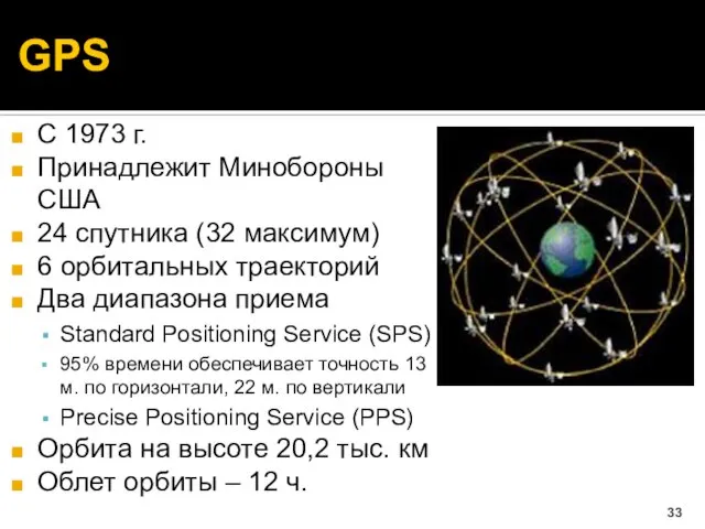 GPS С 1973 г. Принадлежит Минобороны США 24 спутника (32 максимум) 6