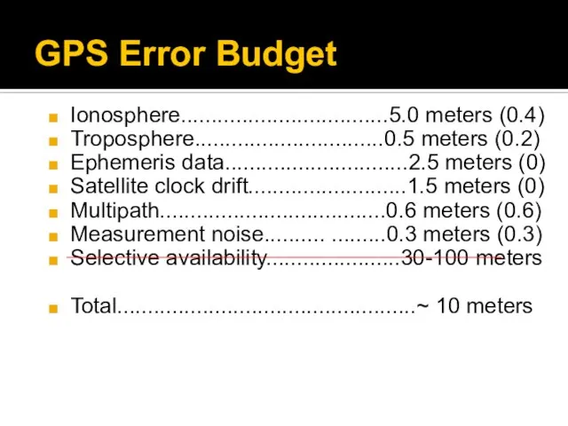 GPS Error Budget Ionosphere..................................5.0 meters (0.4) Troposphere...............................0.5 meters (0.2) Ephemeris data..............................2.5 meters