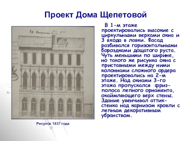 Рисунок 1837 года Проект Дома Щепетовой В 1-м этаже проектировались высокие с