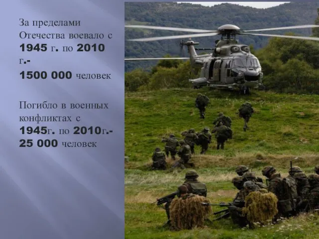 За пределами Отечества воевало с 1945 г. по 2010 г.- 1500 000