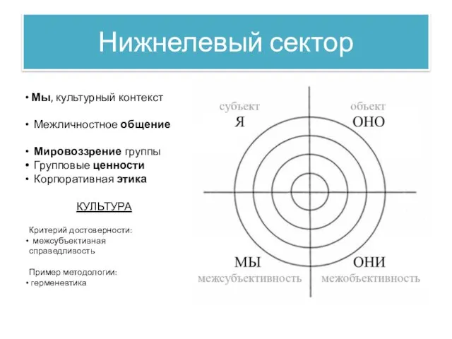 Нижнелевый сектор Мы, культурный контекст Межличностное общение Мировоззрение группы Групповые ценности Корпоративная