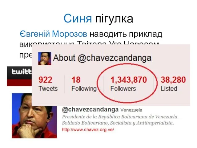 Синя пігулка Євгеній Морозов наводить приклад використання Твітера Уго Чавесом, президентом Венесуели