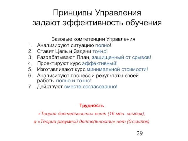 Принципы Управления задают эффективность обучения Базовые компетенции Управления: Анализируют ситуацию полно! Ставят