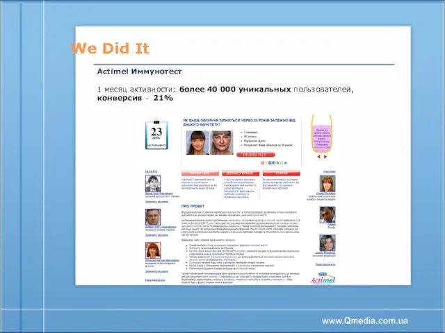 We Did It Аctimel Иммунотест 1 месяц активности: более 40 000 уникальных пользователей, конверсия - 21%