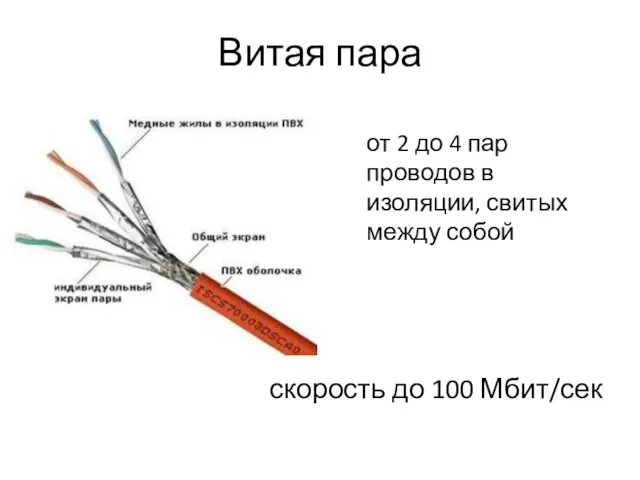 Витая пара скорость до 100 Мбит/сек от 2 до 4 пар проводов