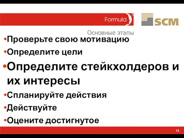 13 Проверьте свою мотивацию Определите цели Определите стейкхолдеров и их интересы Спланируйте