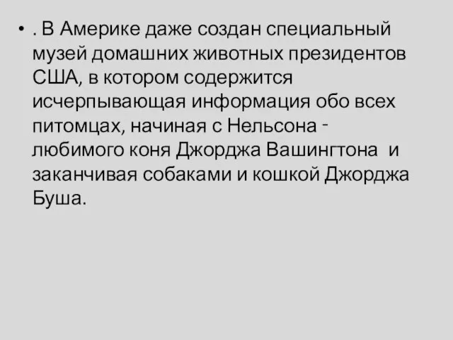 . В Америке даже создан специальный музей домашних животных президентов США, в