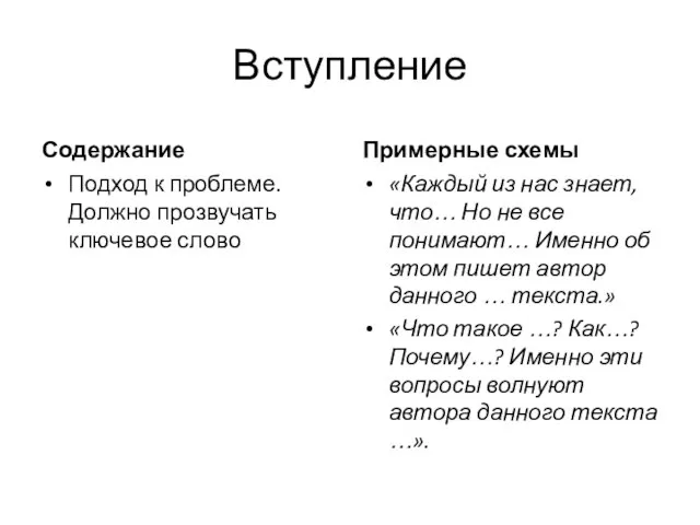 Вступление Содержание Подход к проблеме. Должно прозвучать ключевое слово Примерные схемы «Каждый