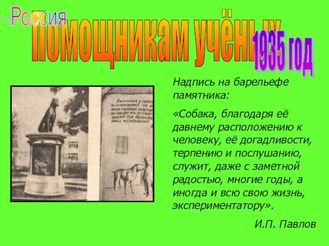 Надпись на барельефе памятника: «Собака, благодаря её давнему расположению к человеку, её