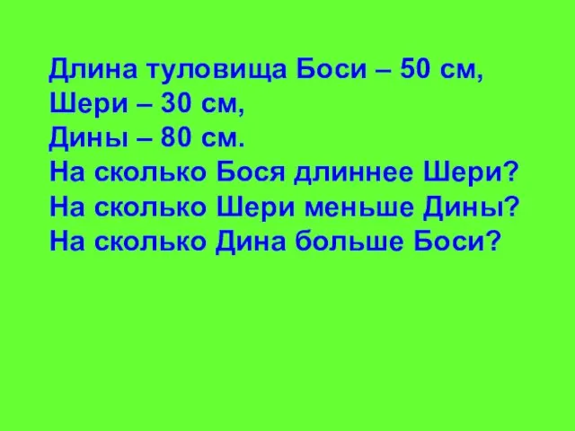 Длина туловища Боси – 50 см, Шери – 30 см, Дины –