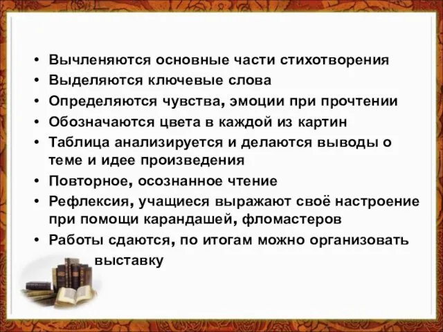 Вычленяются основные части стихотворения Выделяются ключевые слова Определяются чувства, эмоции при прочтении