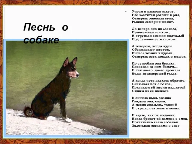 Утром в ржаном закуте, Где златятся рогожи в ряд, Семерых ощенила сука,