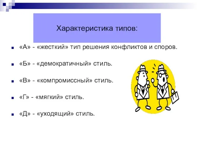 Характеристика типов: «А» - «жесткий» тип решения конфликтов и споров. «Б» -