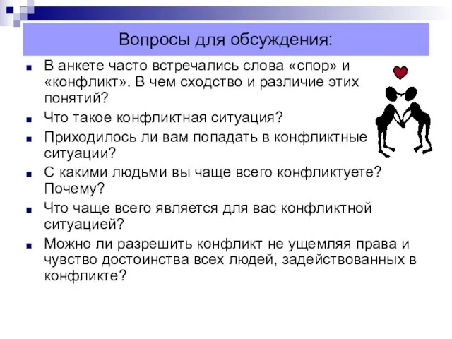 Вопросы для обсуждения: В анкете часто встречались слова «спор» и «конфликт». В