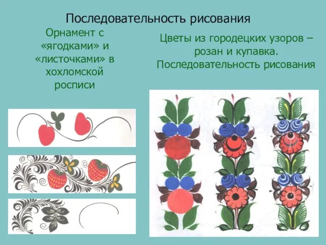 Орнамент с «ягодками» и «листочками» в хохломской росписи Цветы из городецких узоров