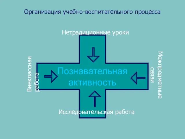 Организация учебно-воспитательного процесса Познавательная активность Нетрадиционные уроки Внеклассная работа Исследовательская работа Межпредметные связи