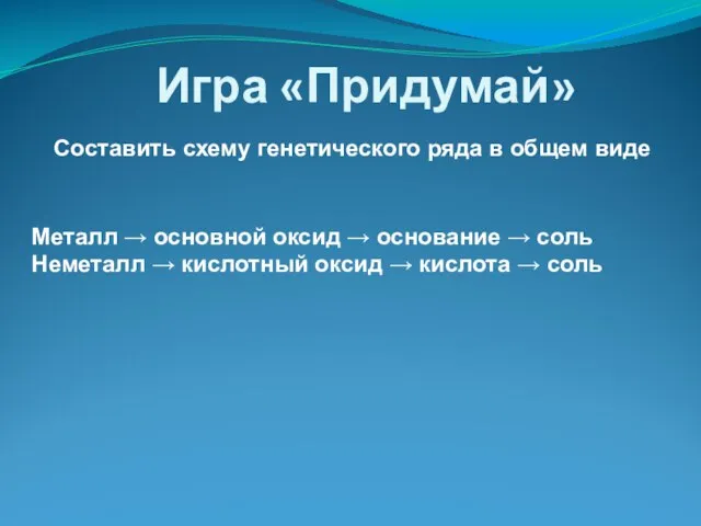 Игра «Придумай» Составить схему генетического ряда в общем виде Металл → основной